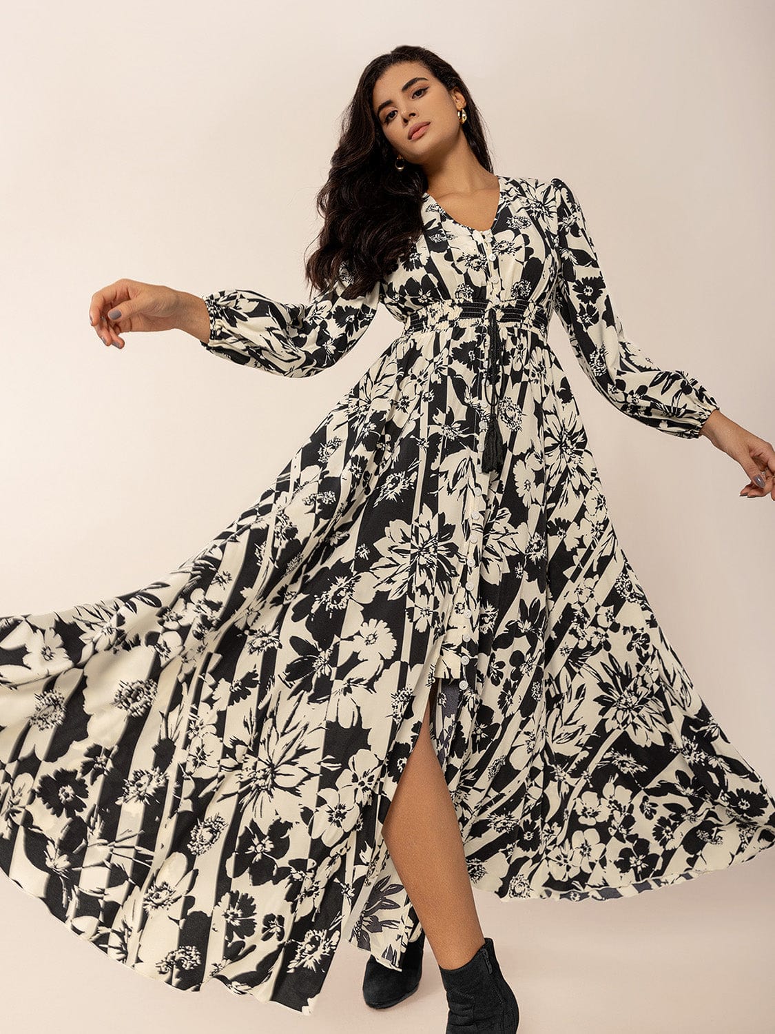 Tied Printed V-Neck Long Sleeve Midi Dress - Trendsi