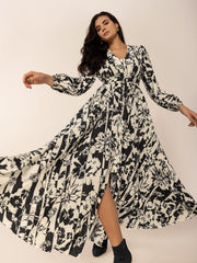 Tied Printed V-Neck Long Sleeve Midi Dress - Trendsi