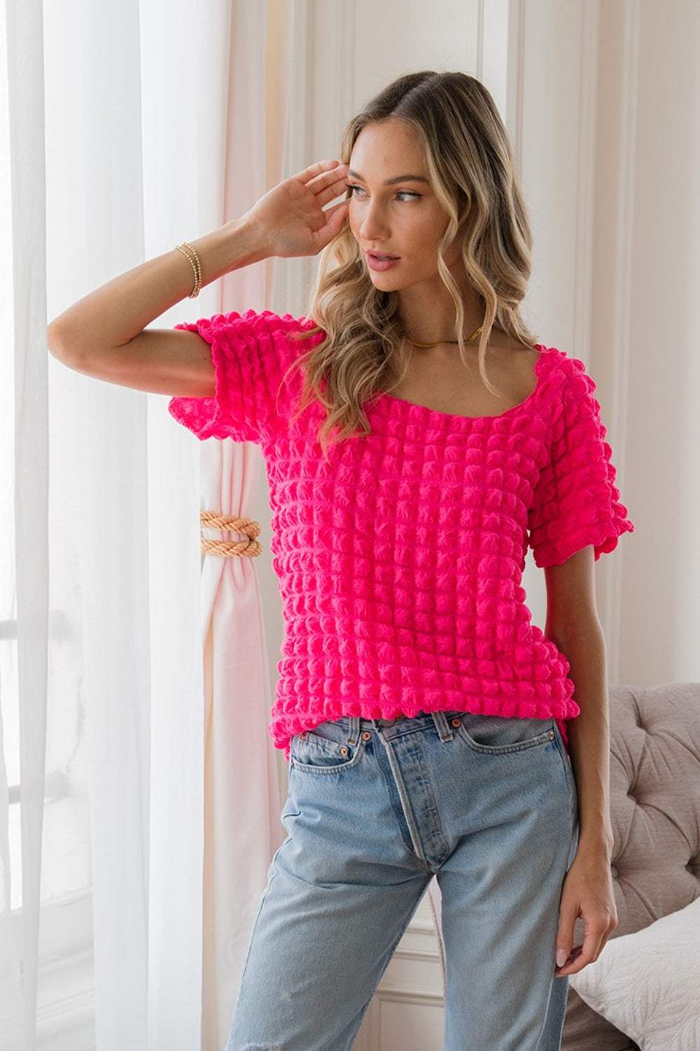 Sew In Love Bubble Textured Round Neck Short Sleeve T-Shirt - Trendsi - Flyclothing LLC