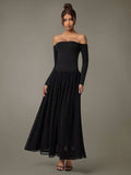 Off Shoulder Long Sleeve Maxi Dress - Trendsi - Flyclothing LLC