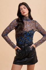 Annie Wear Floral Lettuce Hem Sheer Mesh Top - Trendsi - Flyclothing LLC