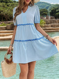Striped Notched Short Sleeve Mini Dress - Trendsi