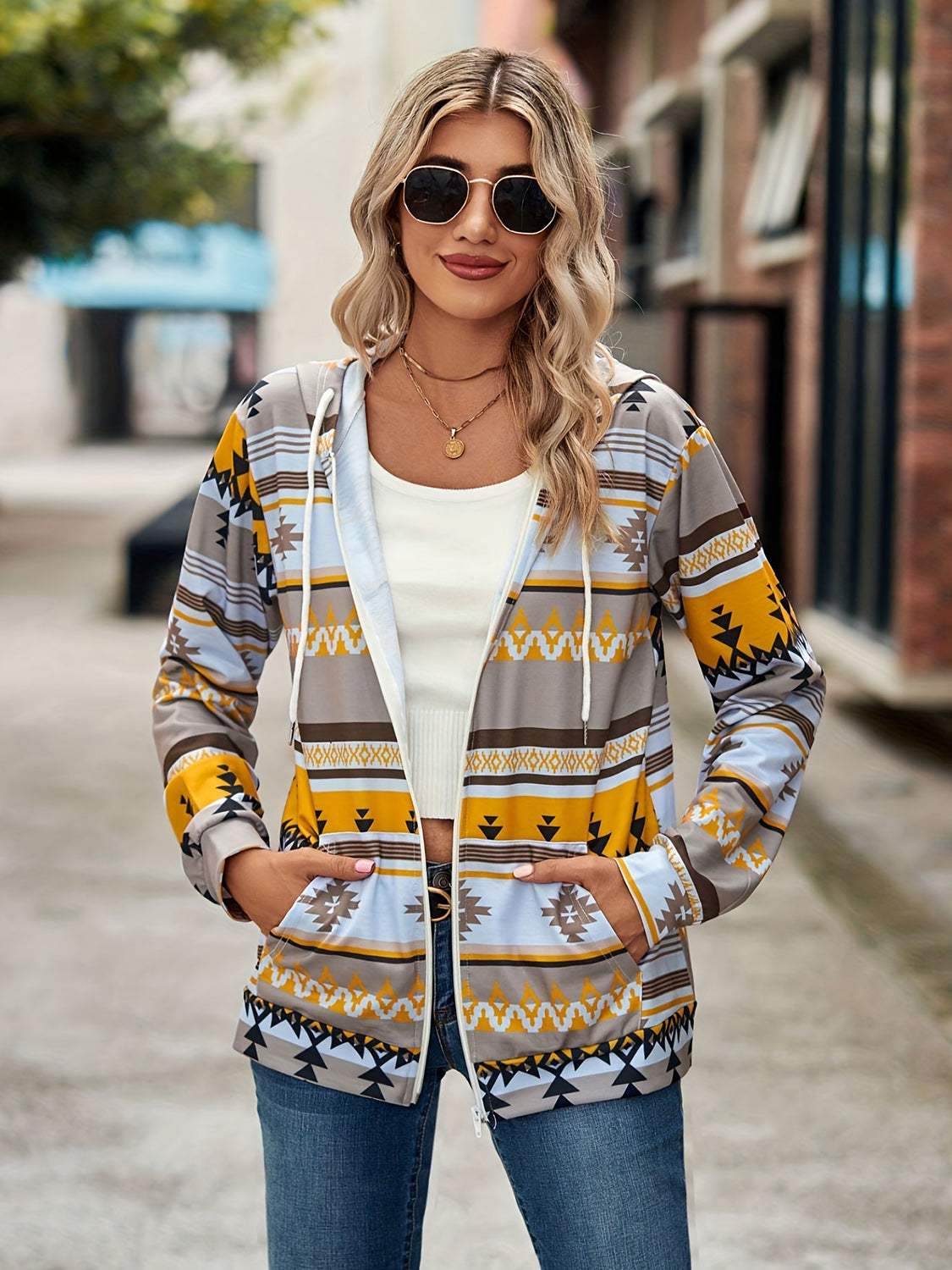Geometric Zip Up Long Sleeve Hooded Jacket - Trendsi - Flyclothing LLC