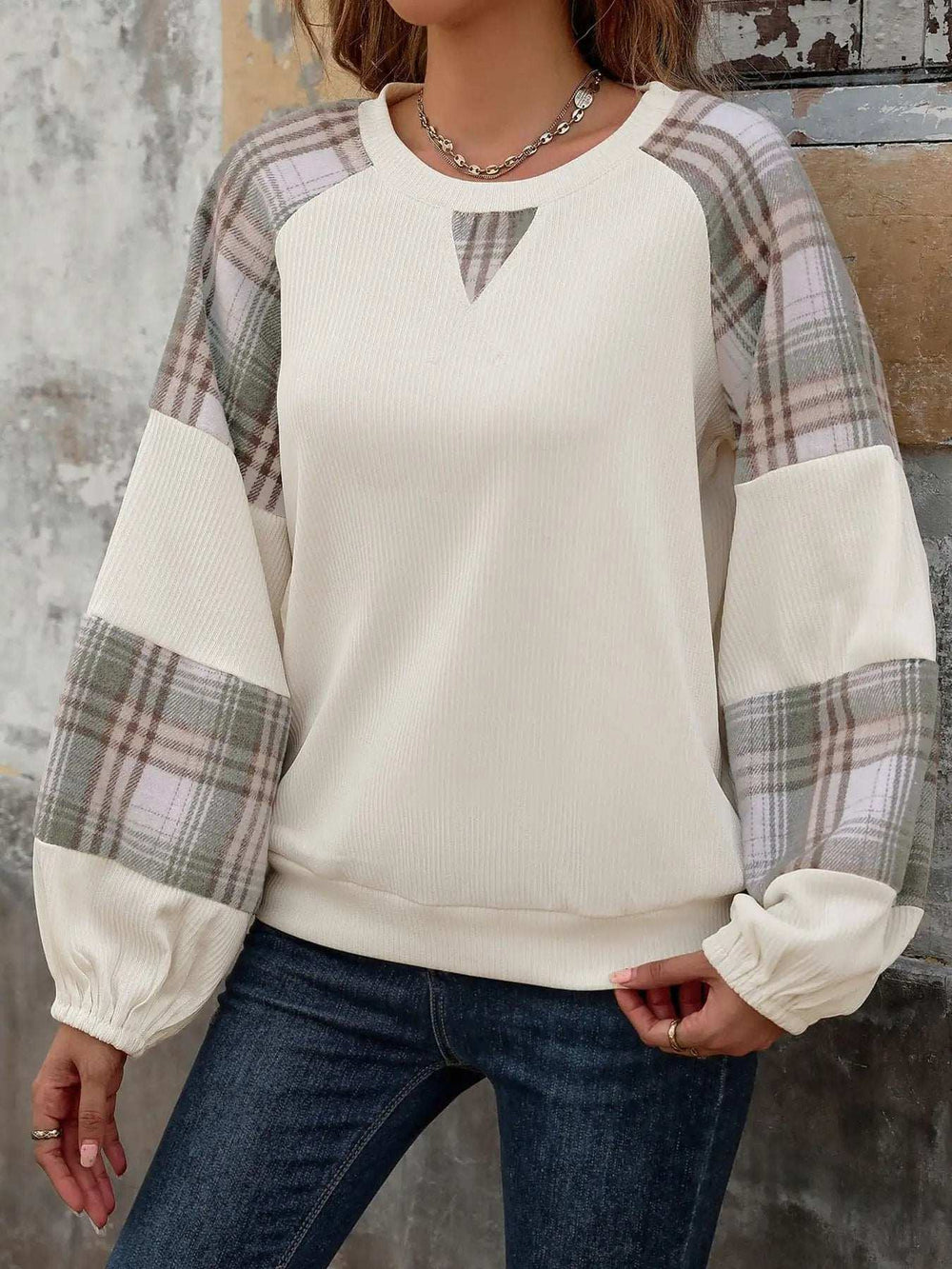 Perfee Plaid Round Neck Long Sleeve Sweatshirt - Trendsi - Flyclothing LLC