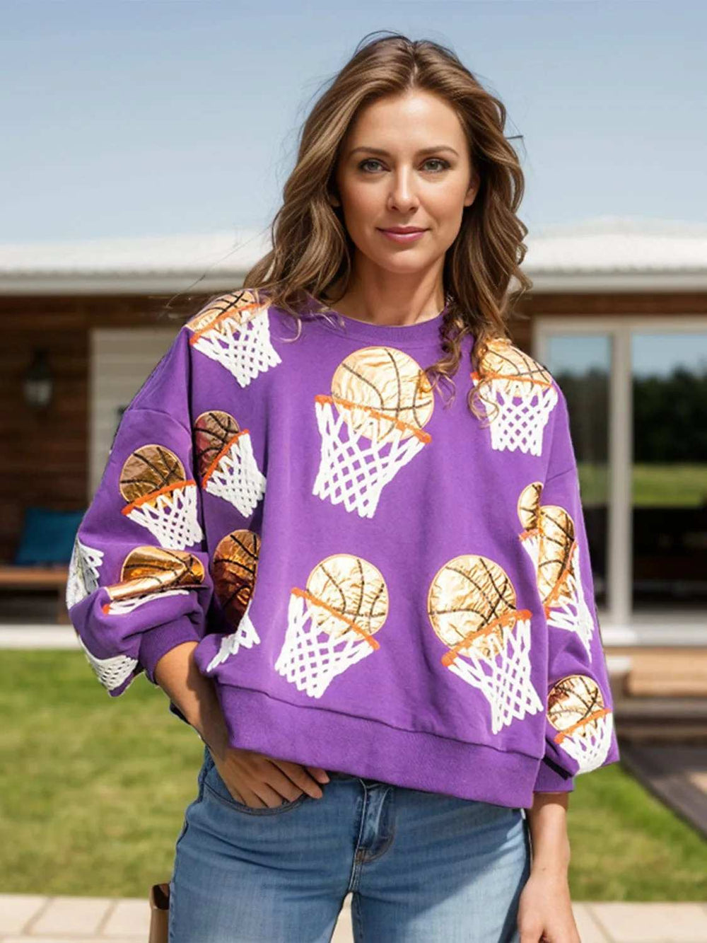 Basketball Round Neck Long Sleeve Sweatshirt - Trendsi - Flyclothing LLC