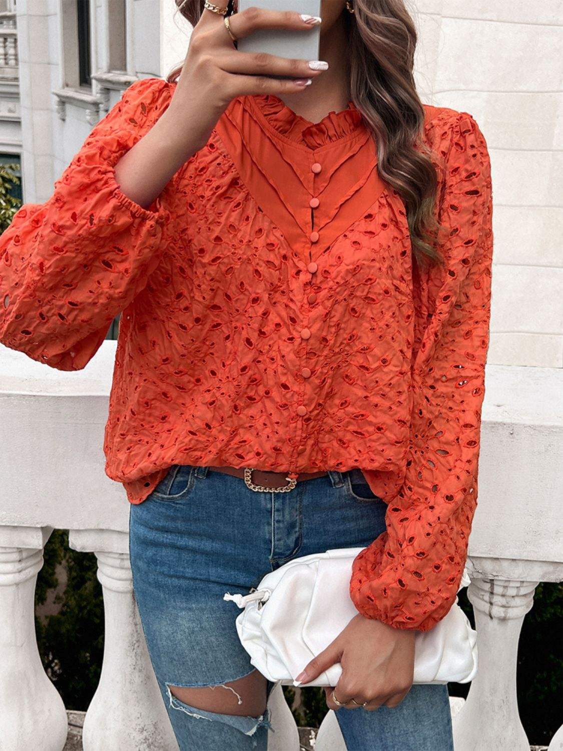 Frill Round Neck Long Sleeve Shirt - Trendsi - Flyclothing LLC