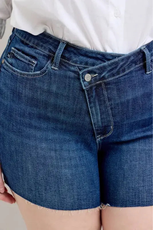 Judy Blue Full Size High Waist Criss-Cross Waistband Denim Shorts Plus Size - Trendsi - Flyclothing LLC