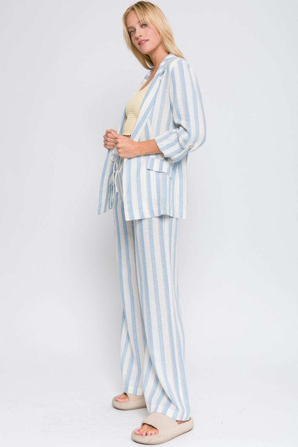 Love Tree Linen Woven Striped Blazer - Trendsi - Flyclothing LLC