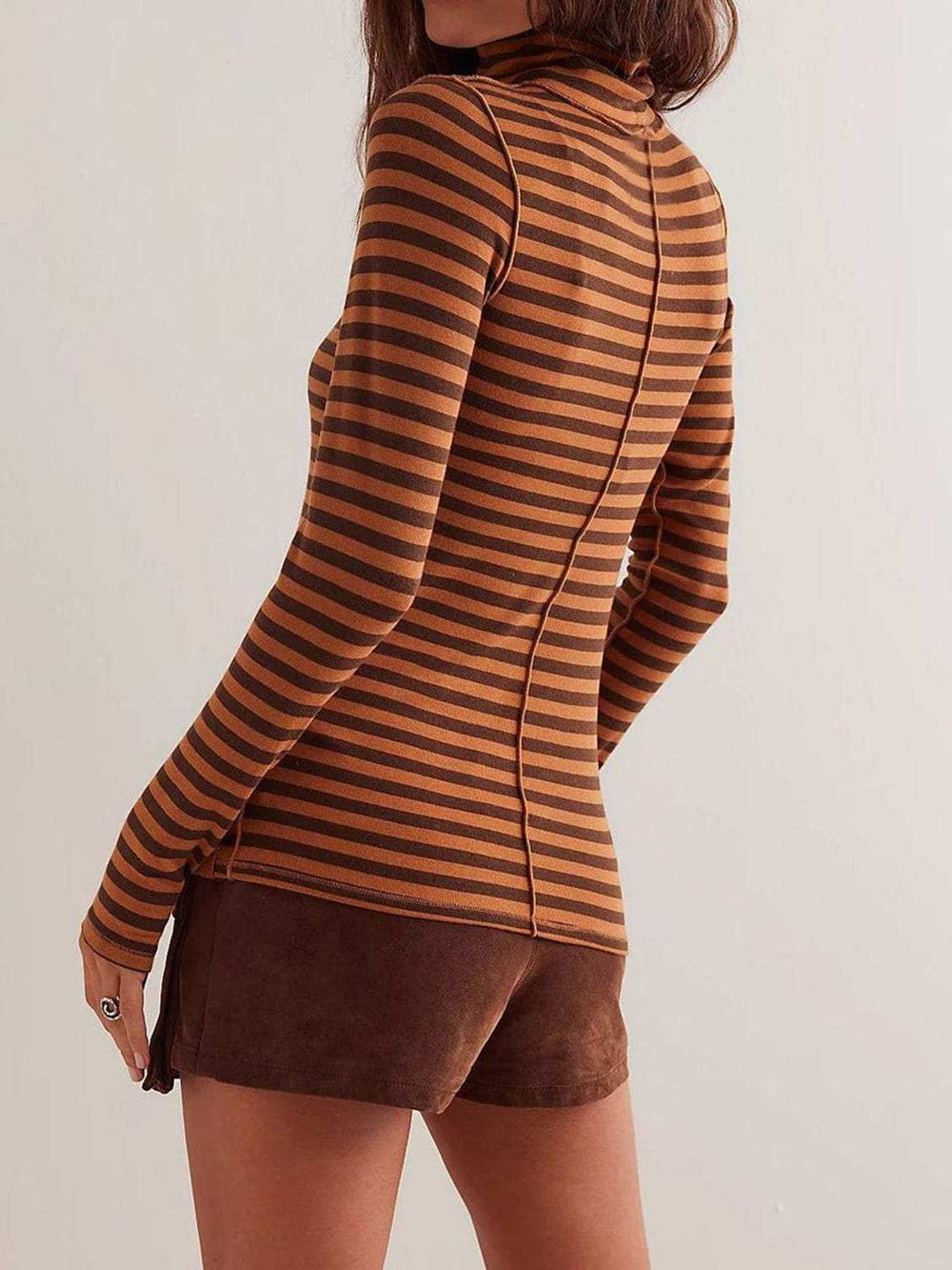 Exposed Seam Striped Turtleneck Long Sleeve T-Shirt - Trendsi - Flyclothing LLC