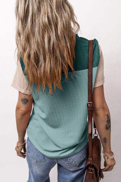 Color Block Round Neck Short Sleeve T-Shirt - Trendsi - Flyclothing LLC
