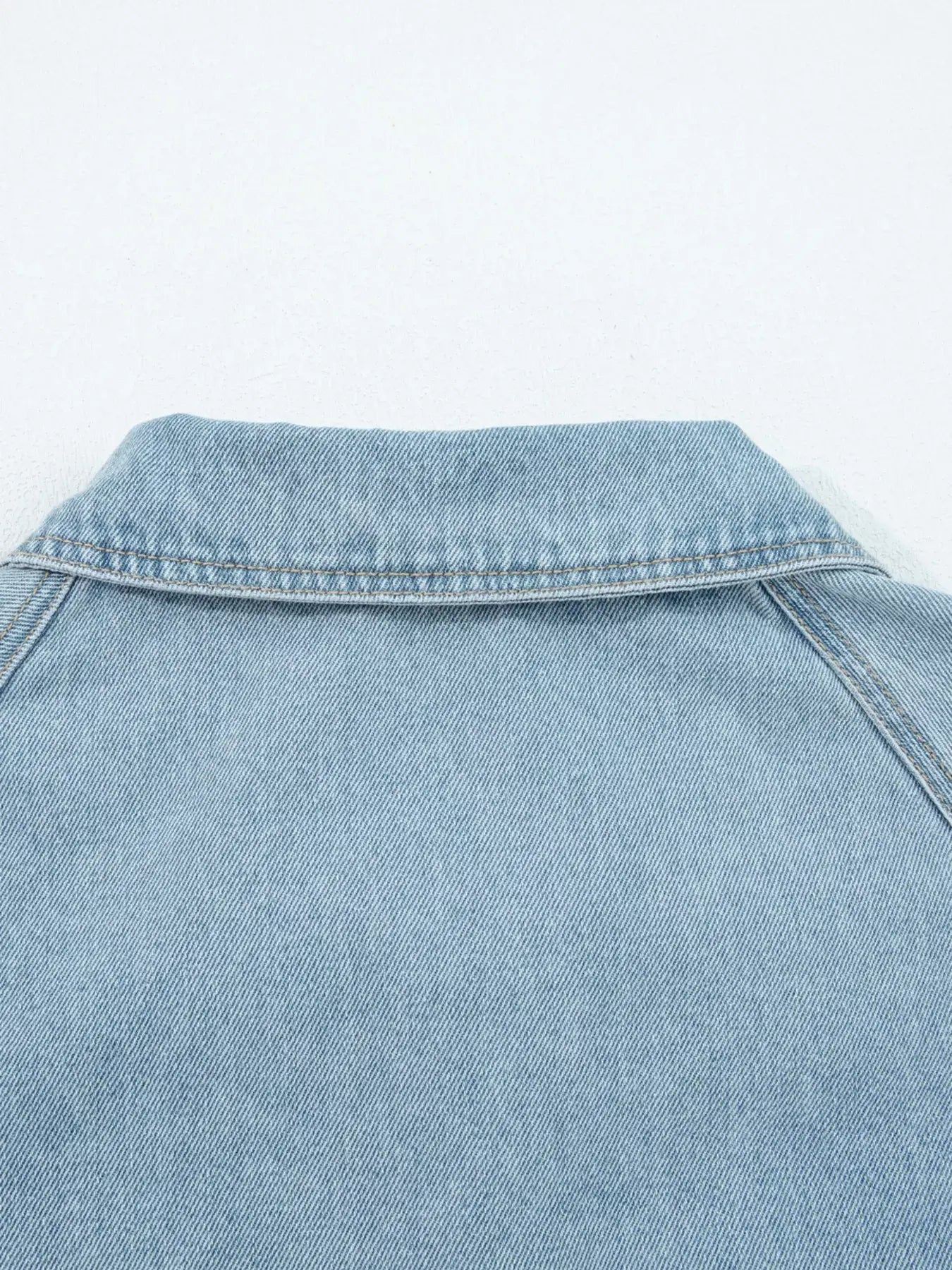 Elastic Edge Collared Zip Up Denim Jacket With Pocket - Trendsi - Flyclothing LLC