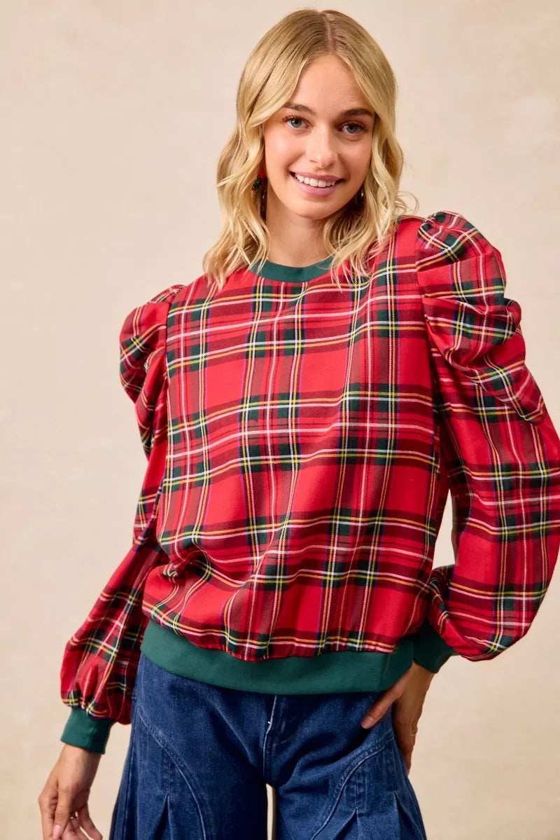 BiBi Christmas Plaid Exaggerated Shoulder Sleeves Top - Trendsi - Flyclothing LLC