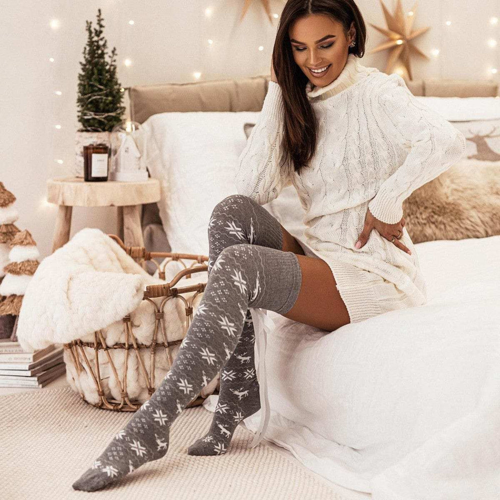 Christmas Element Bowknot Ribbed Trim Over Knee Stockings - Trendsi - Flyclothing LLC