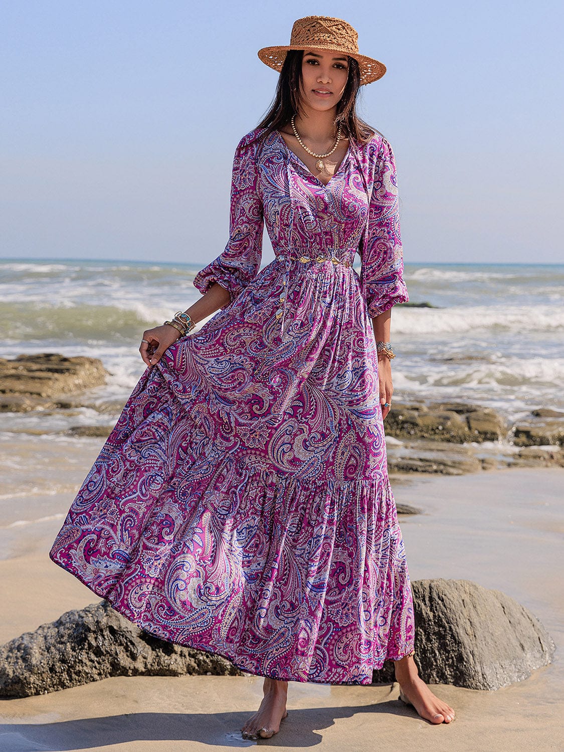 Printed Tie Neck Balloon Sleeve Maxi Dress - Trendsi