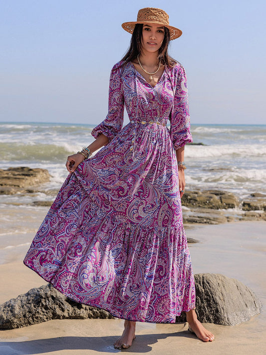 Printed Tie Neck Balloon Sleeve Maxi Dress - Trendsi