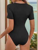Lace Detail V-Neck Short Sleeve Bodysuit - Trendsi - Flyclothing LLC