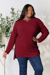 Basic Bae Full Size Ribbed Round Neck Long Sleeve Slit Top - ShopBasicbae - Flyclothing LLC