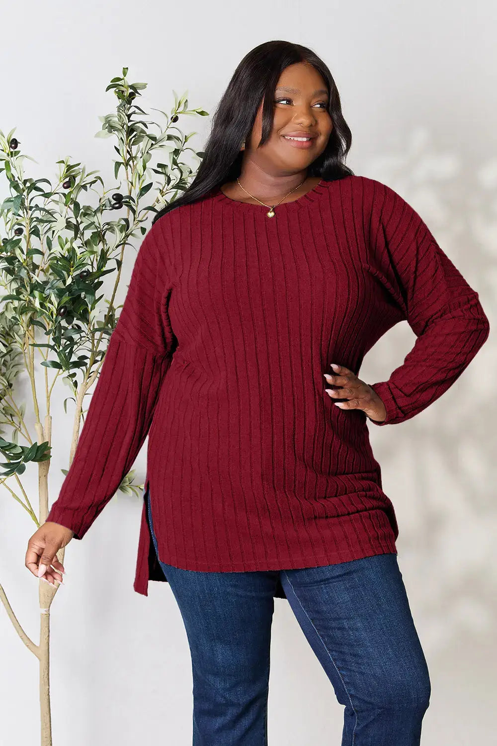Basic Bae Full Size Ribbed Round Neck Long Sleeve Slit Top - ShopBasicbae - Flyclothing LLC