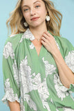 Umgee Peony Illustration Print Flounce Sleeve Blouse - Trendsi - Flyclothing LLC