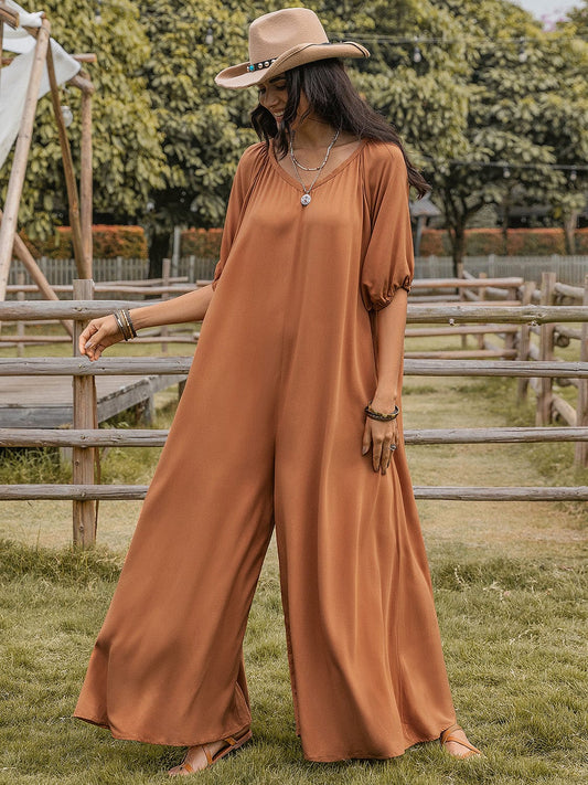 Scoop Neck Half Sleeve Wide Leg Jumpsuit - Trendsi