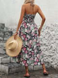 Smocked Printed Halter Neck Midi Dress - Trendsi