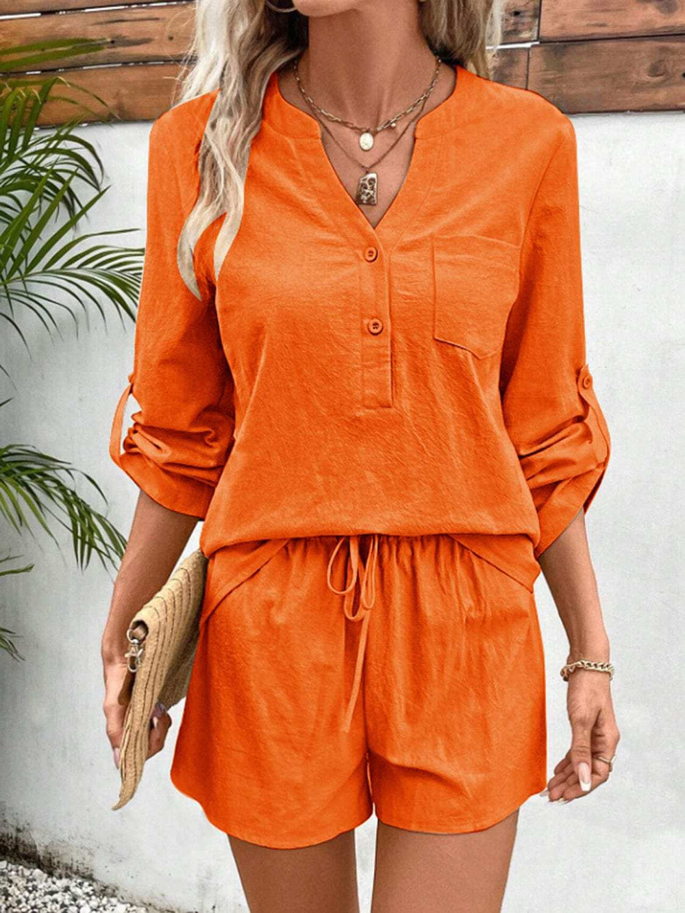 Notched Long Sleeve Top and Shorts Set - Trendsi - Flyclothing LLC