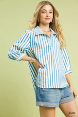 Umgee Striped Collared Neck Blouse - Trendsi - Flyclothing LLC