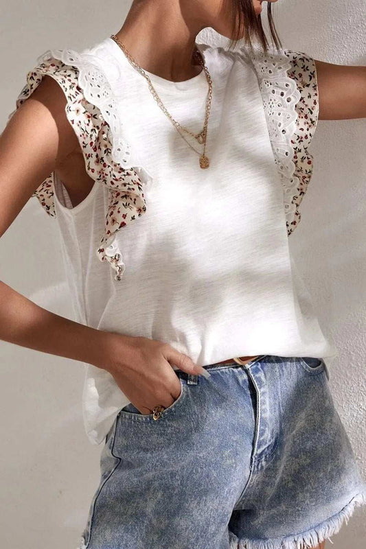 Floral Lace Eyelet Patched Butterfly Sleeve Blouse - Trendsi - Flyclothing LLC