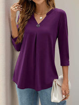 Notched Three-Quarter Sleeve T-Shirt - Trendsi - Flyclothing LLC