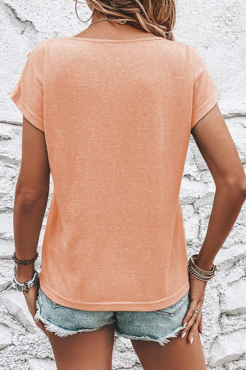Decorative Button Round Neck Short Sleeve Blouse - Trendsi - Flyclothing LLC