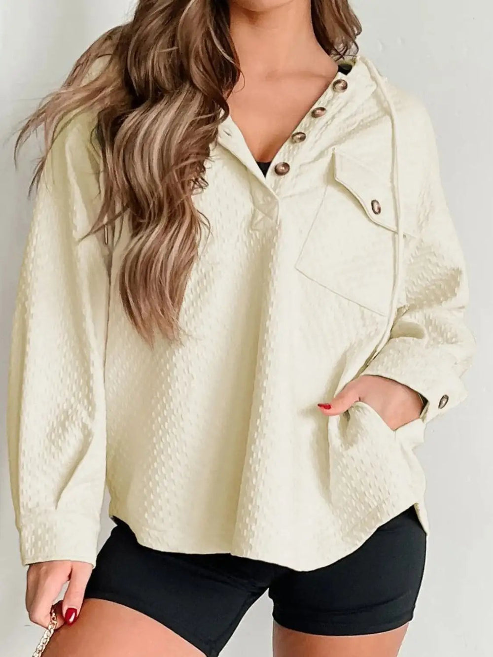 Drawstring Half Button Long Sleeve Hoodie - Trendsi