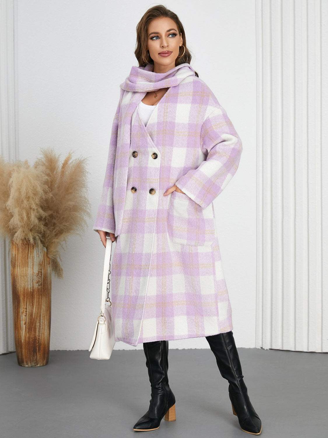 Plaid Button Up Long Sleeve Coat - Trendsi - Flyclothing LLC