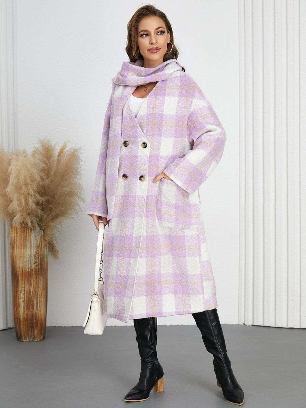 Plaid Button Up Long Sleeve Coat - Trendsi - Flyclothing LLC