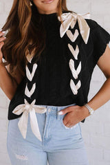 Lace-Up Mock Neck Short Sleeve Sweater - Trendsi - Flyclothing LLC