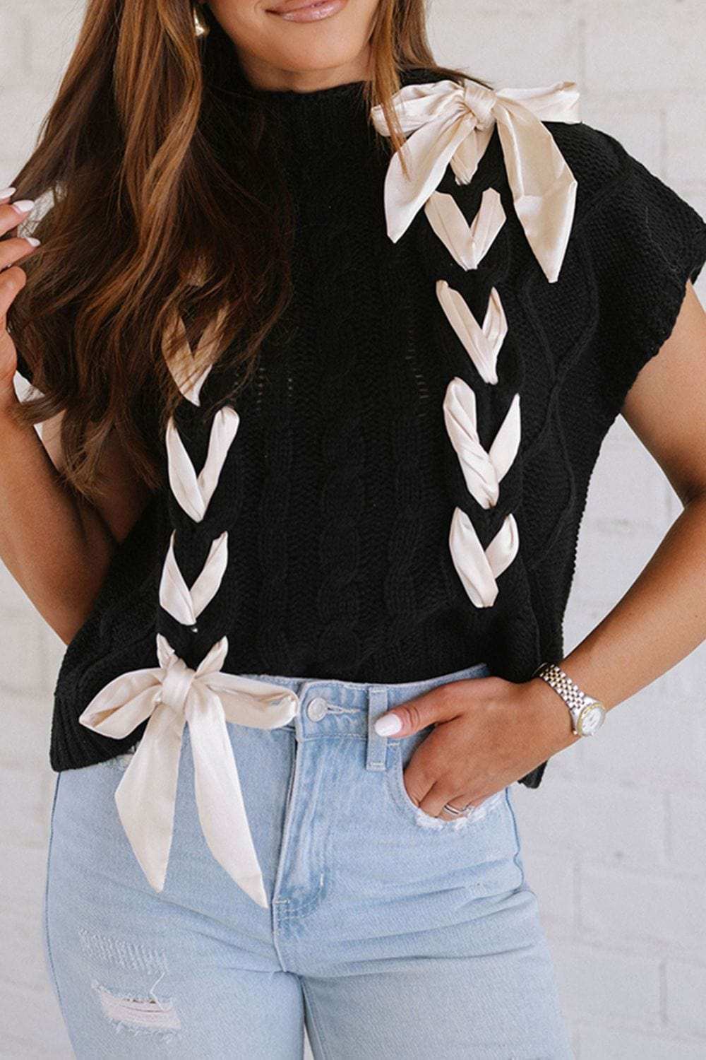 Lace-Up Mock Neck Short Sleeve Sweater - Trendsi - Flyclothing LLC