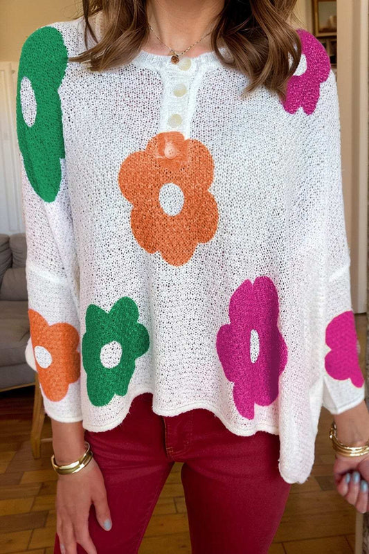 Flower Round Neck Quarter Button Knit Top - Trendsi - Flyclothing LLC
