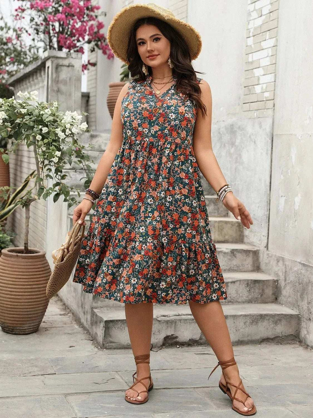 Plus Size Floral Notched Sleeveless Dress - Trendsi - Flyclothing LLC
