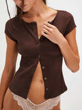 Lovelet Round Neck Button Up Short Sleeve Top - Trendsi - Flyclothing LLC