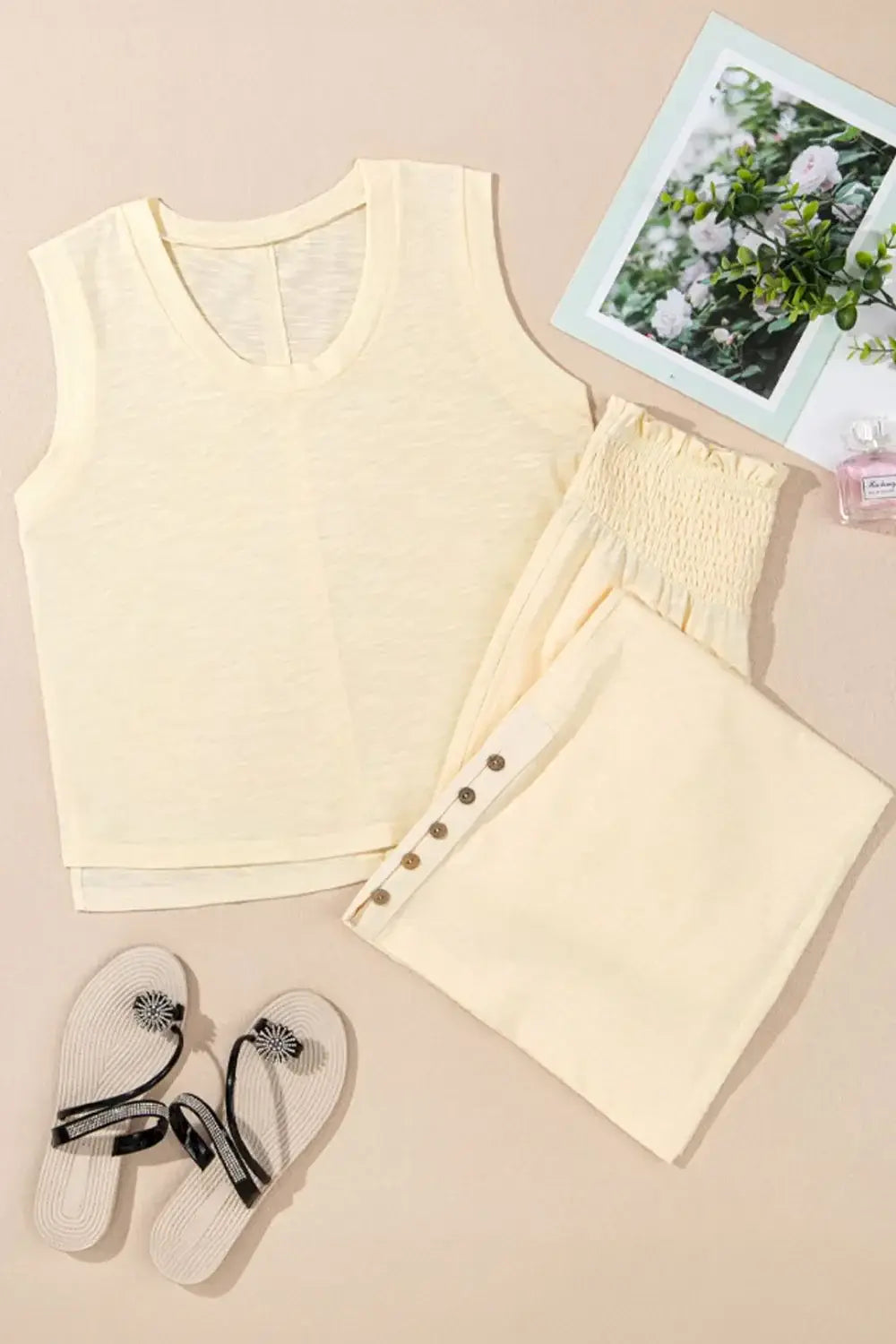 Solid Color Tank Top and Smocked Waist Pants Set - Trendsi - Flyclothing LLC