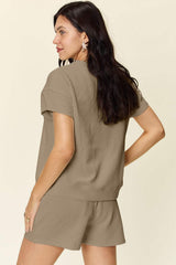Double Take Full Size Texture Short Sleeve T-Shirt and Drawstring Shorts Set - Trendsi - Flyclothing LLC