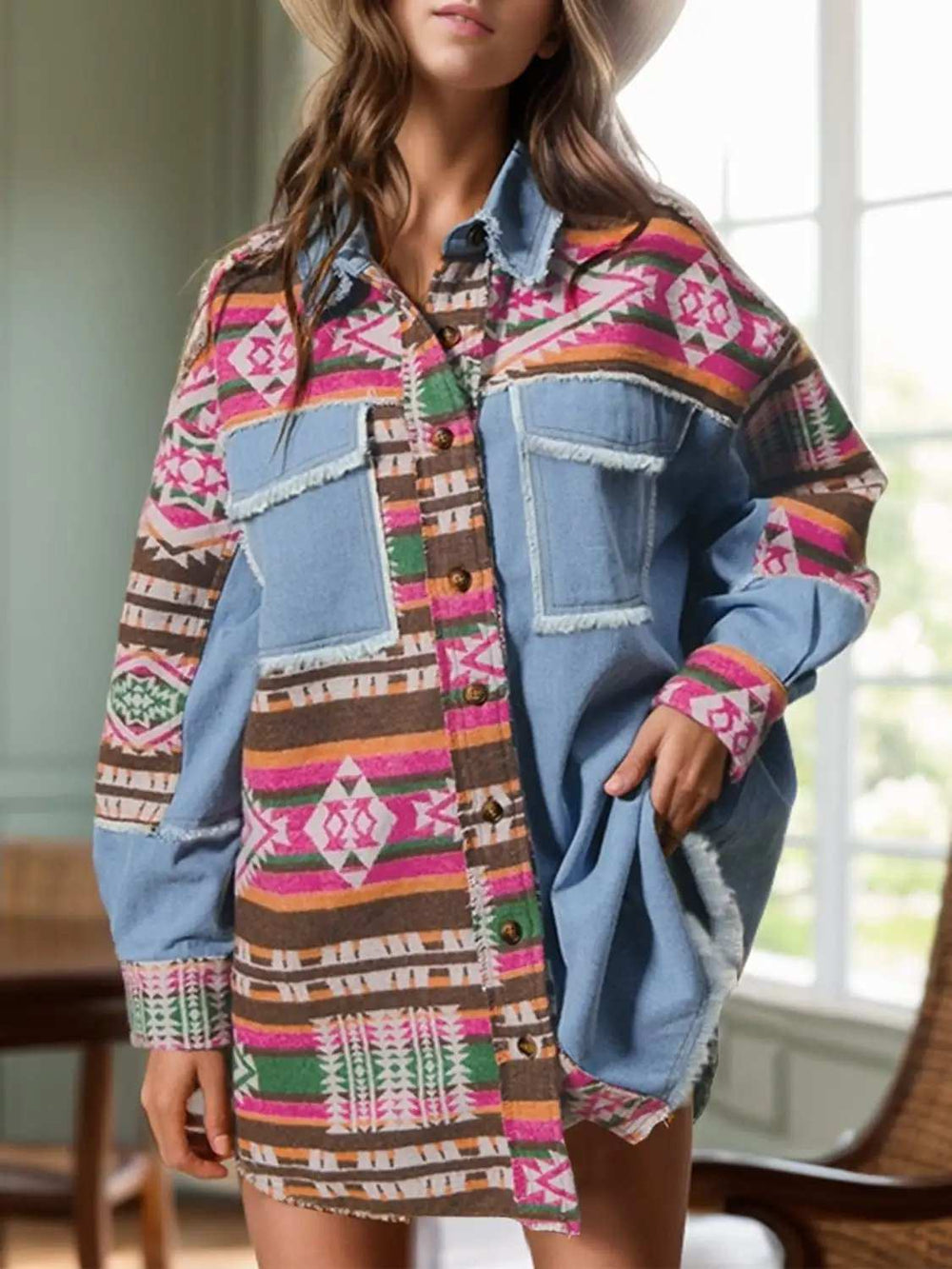 Geometric Collared Neck Long Sleeve Shacket - Trendsi - Flyclothing LLC