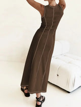 Contrast Stitching Round Neck Sleeveless Midi Dress - Trendsi - Flyclothing LLC
