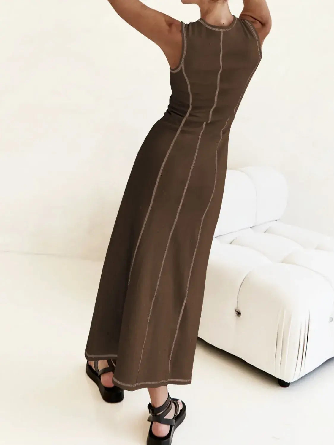 Contrast Stitching Round Neck Sleeveless Midi Dress - Trendsi - Flyclothing LLC