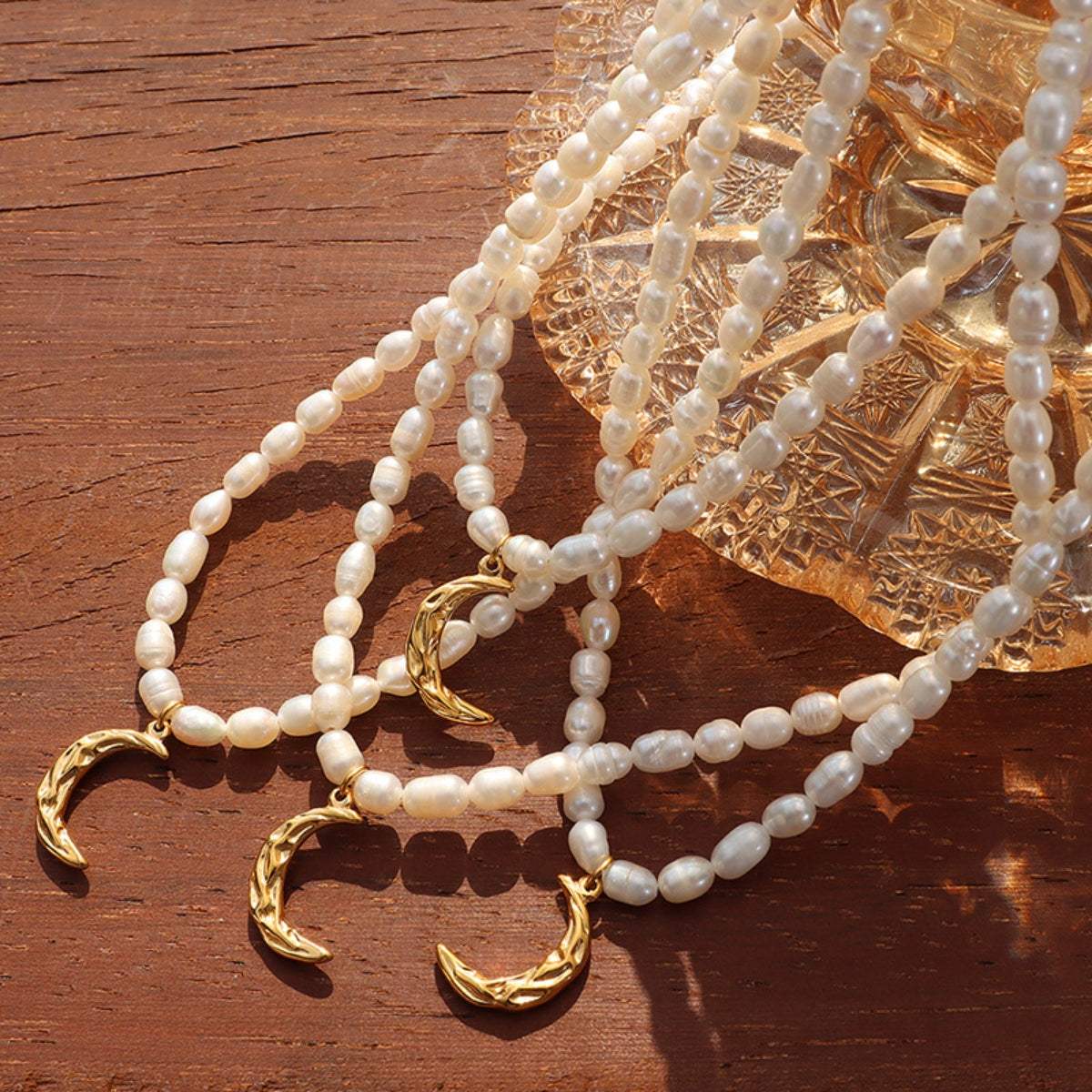Pearl Titanium Steel Moon Shape Pendant Necklace - Trendsi - Flyclothing LLC