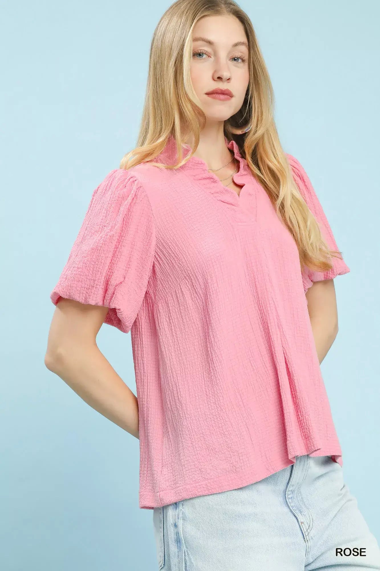 Umgee Seersucker Puff Sleeve Blouse - Trendsi - Flyclothing LLC