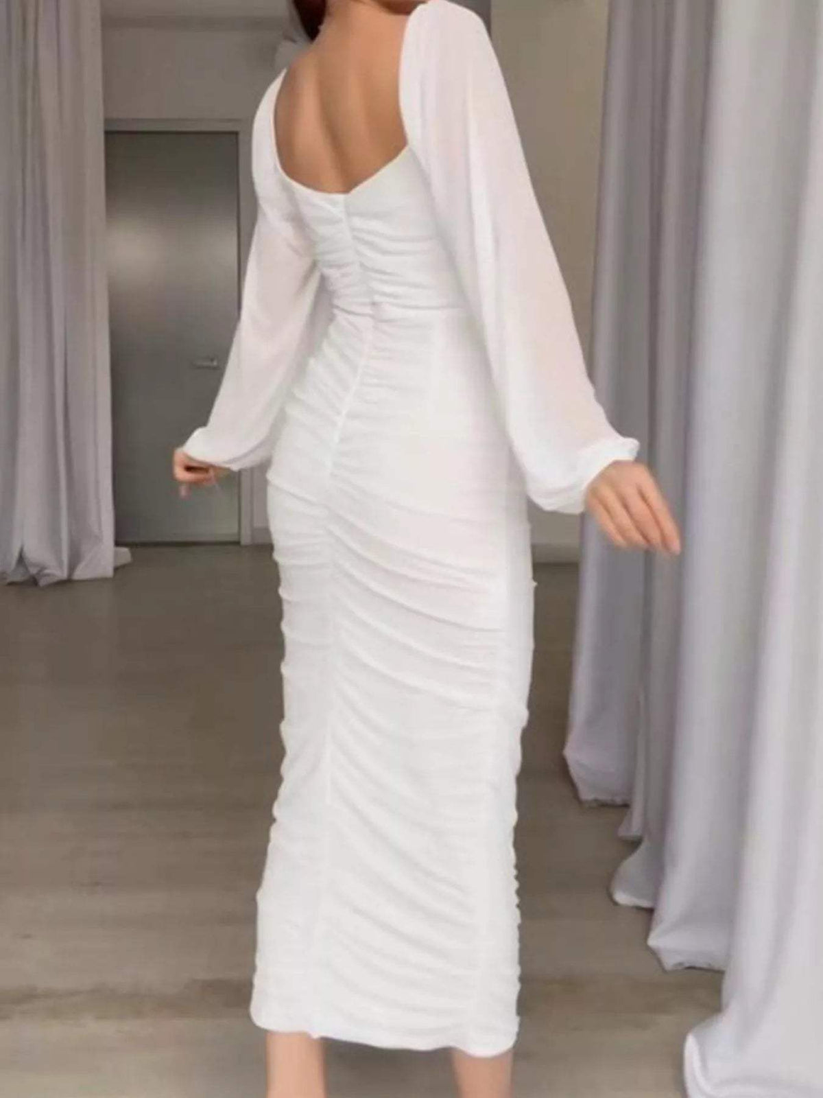Ruched Sheer Long Sleeve Dress - Trendsi - Flyclothing LLC