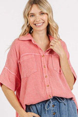 Mittoshop Mineral Wash Gauze Oversized Short Sleeve Shirt - Trendsi - Flyclothing LLC