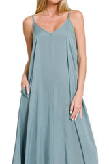 Zenana Woven Arc Hem Cami Dress With Flowy Pockets - Trendsi - Flyclothing LLC