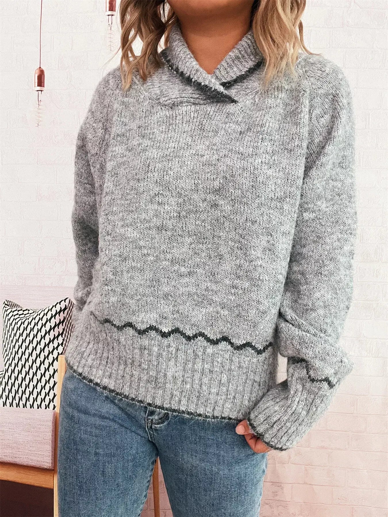 Ribbed Contrast Trim Long Sleeve Sweater - Trendsi - Flyclothing LLC