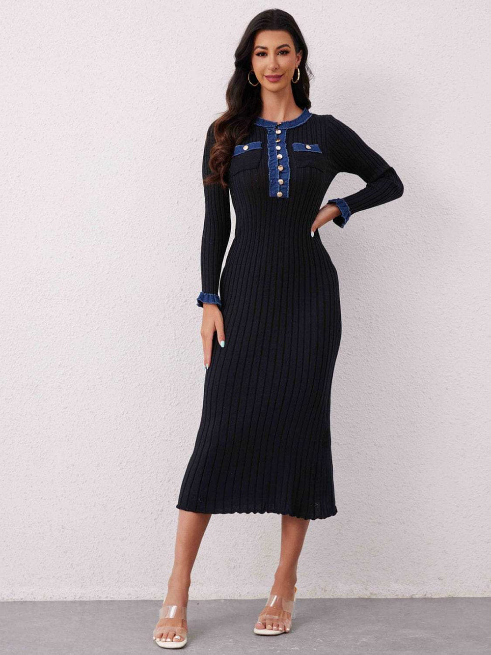 Contrast Trim Round Neck Long Sleeve Sweater Dress - Trendsi - Flyclothing LLC